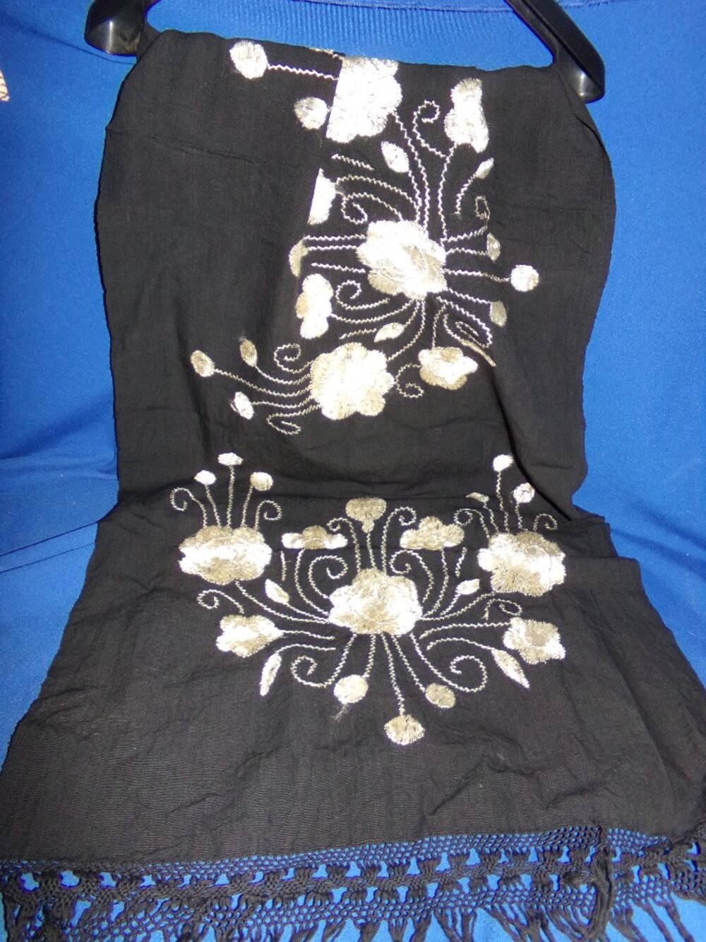 Vintage Black Fringe & Gold Flowered Hand Embroidered Shawl - Table Decoration